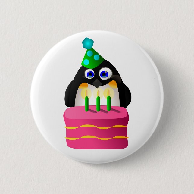 Badge Rond 5 Cm Pingouin d'anniversaire avec le gâteau (Devant)