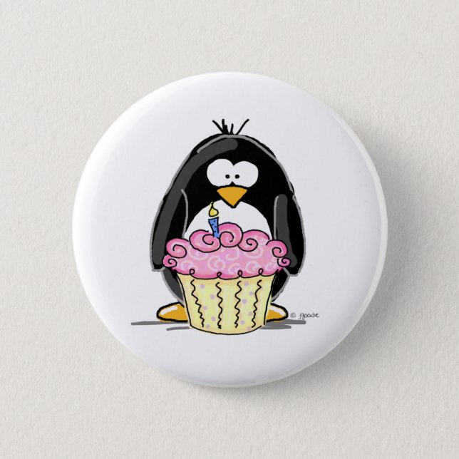 Badge Rond 5 Cm Pingouin d'anniversaire avec le petit gâteau (Devant)