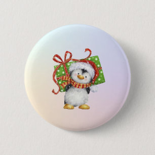 Badge Rond 5 Cm Pingouin de Noël avec cadeau - Holiday Deco