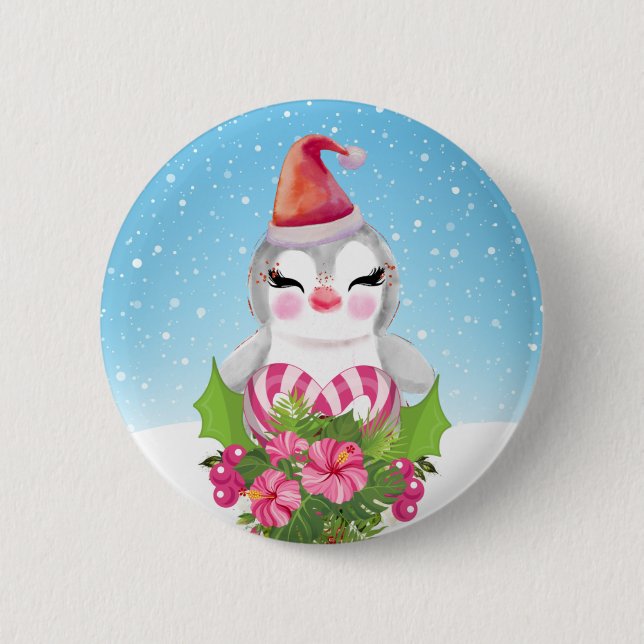 Badge Rond 5 Cm Pingouin de Noël mignon à Santa Hat (Devant)