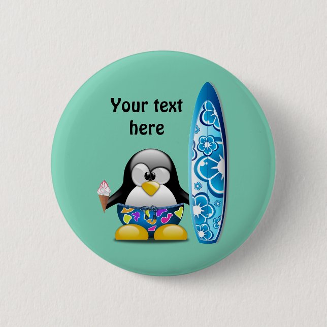 Badge Rond 5 Cm Pingouin de surfer avec la crème glacée (Devant)