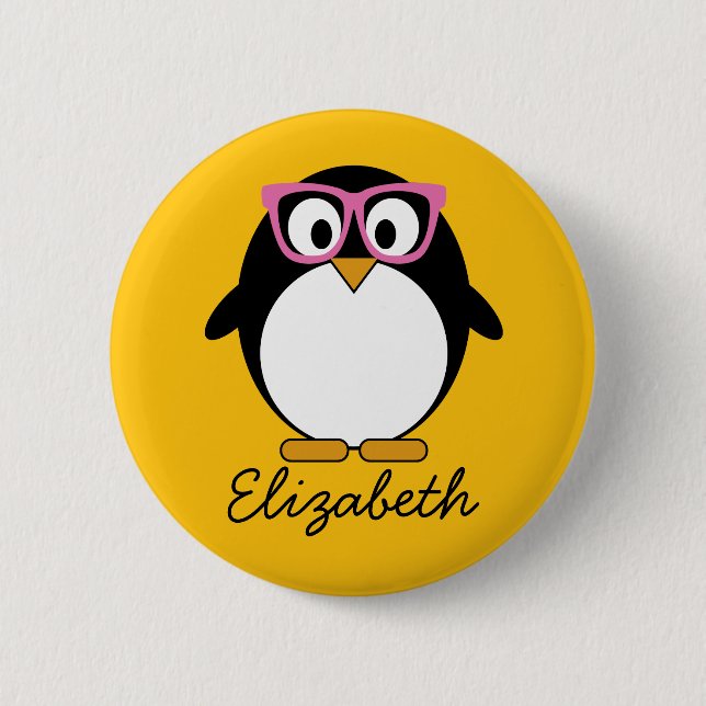 Badge Rond 5 Cm Pingouin Hipster - Cartoon mignon rose jaune (Devant)