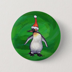 Badge Rond 5 Cm Pingouin mignon à Santa Hat sur Vert