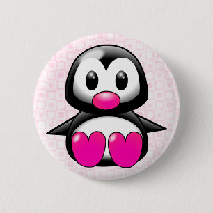 Badge Rond 5 Cm Pingouin rose mignon