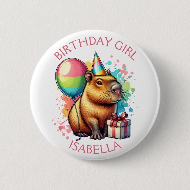 Badge Rond 5 Cm  Pink Capybara Themed Birthday Girl Personalized (Devant)