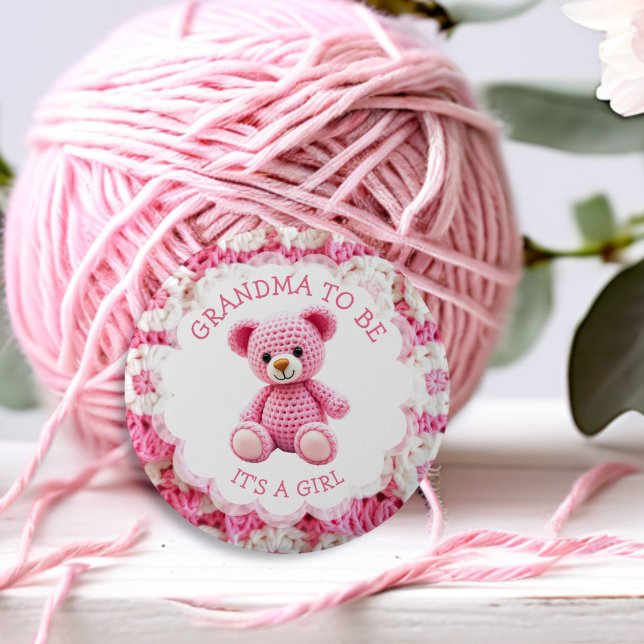 Badge Rond 5 Cm Pink Crocheted Teddy Bear | Grandma to Be (Créateur téléchargé)