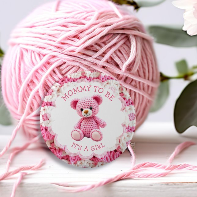 Badge Rond 5 Cm Pink Crocheted Teddy Bear | Mom to Be (Créateur téléchargé)
