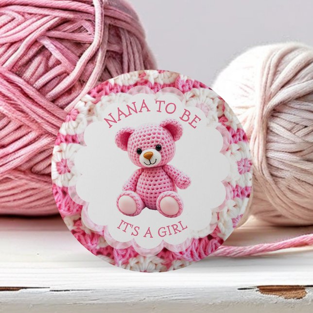 Badge Rond 5 Cm Pink Crocheted Teddy Bear | Nana to Be (Créateur téléchargé)