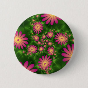 Badge Rond 5 Cm Pink Fantasy Flowers Modern Abstract Fractal Art