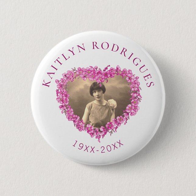 Badge Rond 5 Cm Pink forget-me-not flowers heart photo memorial (Devant)