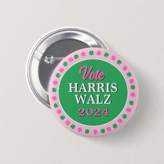 Badge Rond 5 Cm Pink Green Clover 2024 Vote Harris Walz (Devant & derrière)