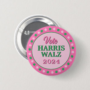 Badge Rond 5 Cm Pink Green Clover 2024 Vote Harris Walz