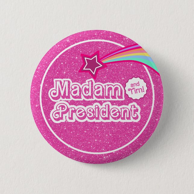 Badge Rond 5 Cm Pink Kamala Parties scintillant Madame la Présiden (Devant)