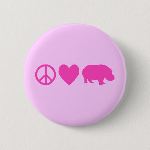 Badge Rond 5 Cm Pink Peace Love et Hippopotames