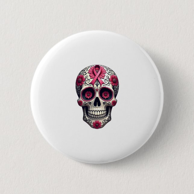Badge Rond 5 Cm Pink Ribbon Sugar Skull Calavera Breast Cancer Awa (Devant)