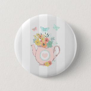 Badge Rond 5 Cm Pink Teapot with Flowers & Butterflies