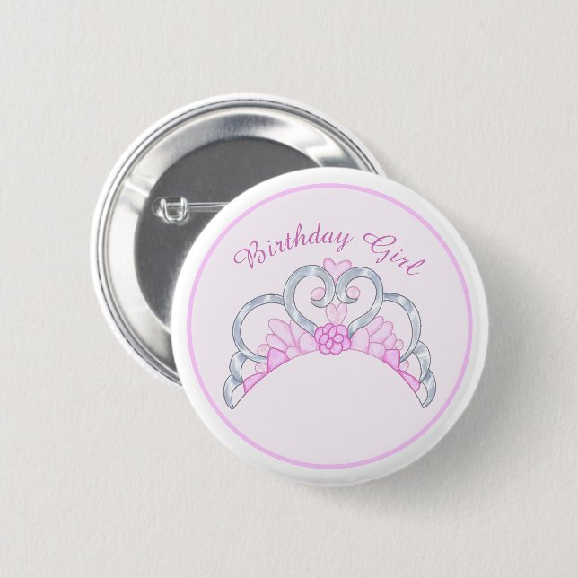Badge Rond 5 Cm Pink Tiara Anniversaire Girl Pin (Devant & derrière)