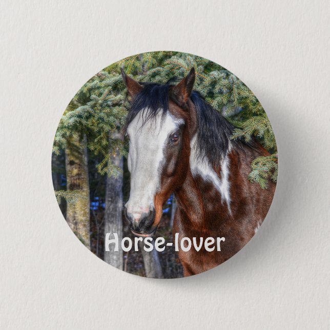 Badge Rond 5 Cm Pinto Paint Stallion & Evergreen Trees (Devant)