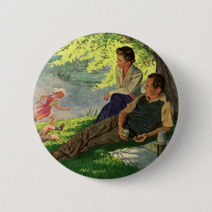 Badge Rond 5 Cm Pique-nique familial vintage amusant sous un arbre