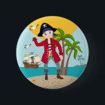 Badge Rond 5 Cm Pirate kid birthday party<br><div class="desc">This product is for kids that love pirates and piracy stories. It features a cute little pirate boy that has arrived on this island with palm trees. There’s a pirate ship in the horizon waiting for him to return with a treasure! Seagulls are watching. This product is ideal for a...</div>
