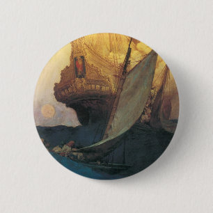 Badge Rond 5 Cm Pirate Vintage, Attaque d'un galion par Howard Pyl