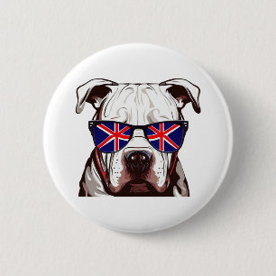 Badge Rond 5 Cm Pitbull portant des lunettes de soleil Union Jack