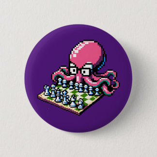 Badge Rond 5 Cm Pixel Octopus Échecs Retro Stratégie Jeu Art