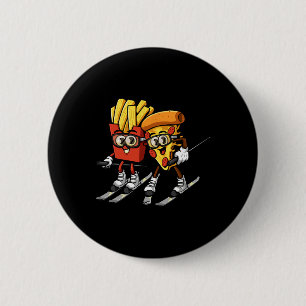 Badge Rond 5 Cm Pizza Frites de Français Ski Drôle Skieur Nourritu