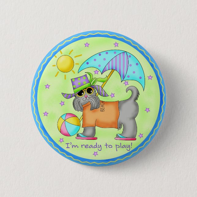 Badge Rond 5 Cm Plage Chien Whimsy Art Vert bleu (Devant)