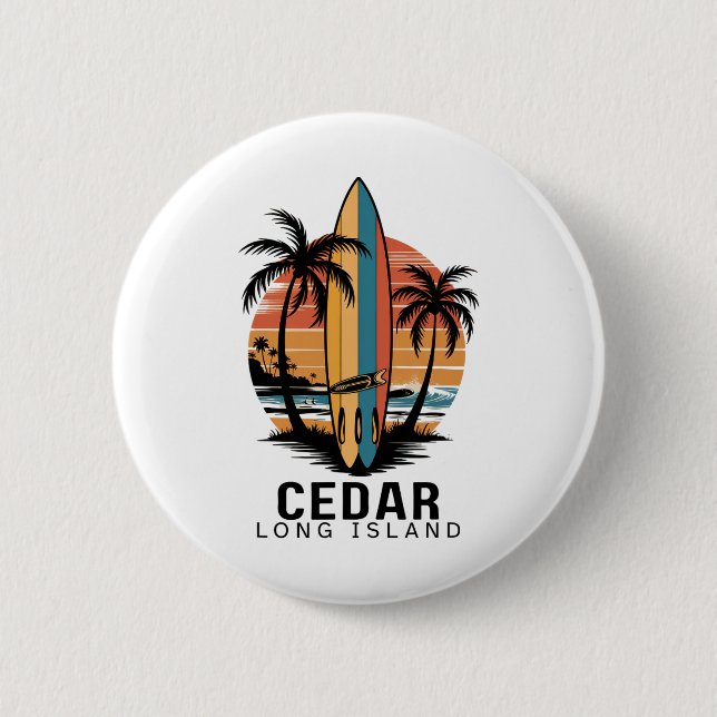 Badge Rond 5 Cm Plage de Cedar Long Island Surfant Surfeur _1  (Devant)