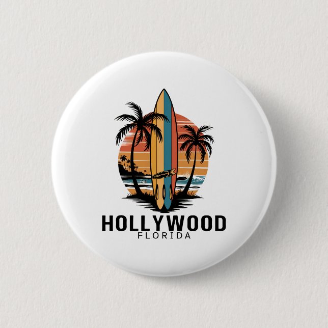 Badge Rond 5 Cm Plage Hollywood Floride Surfant Surfeur  (Devant)