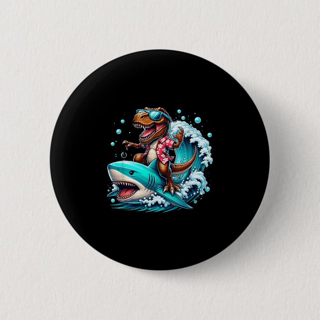 Badge Rond 5 Cm Plage Lover T-rex Dinosaur équitation Requin Surf  (Devant)