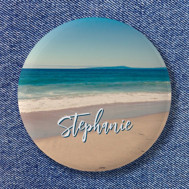 Badge Rond 5 Cm Plage personnalisée Photo Océan Bleu Pittoresque (Personalized Beach Photo Ocean Blue Scenic Button)