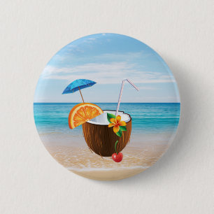 Badge Rond 5 Cm Plage Tropicale,Ciel Bleu,Sable de l'Océan,Cocktai