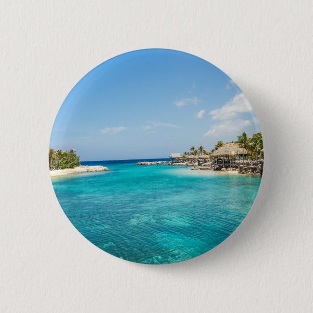 Badge Rond 5 Cm Plage tropicale pittoresque avec huttes de chaume  (Devant)