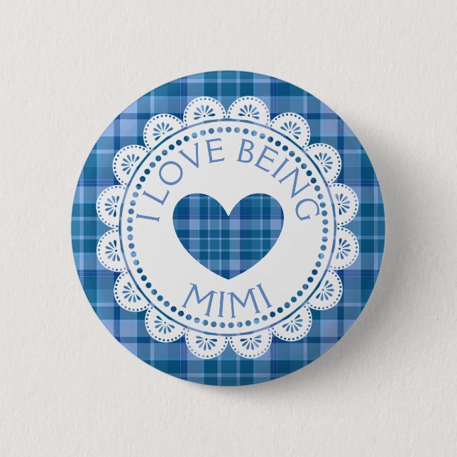 Badge Rond 5 Cm Plaid Bleu J'Aime Être Mimi Bouton (Devant)