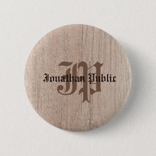 Badge Rond 5 Cm Planche Bois Look Monogramme Modèle Vieux Script