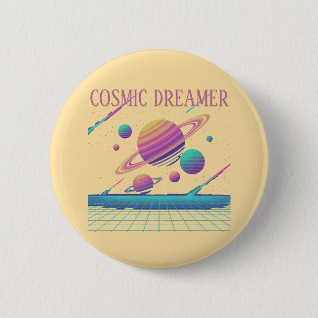 Badge Rond 5 Cm Planètes Rétro Vaporwave Synthwave (Devant)