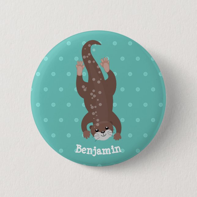 Badge Rond 5 Cm Plongée de loutre mignonne sur dessin animé turquo (Devant)