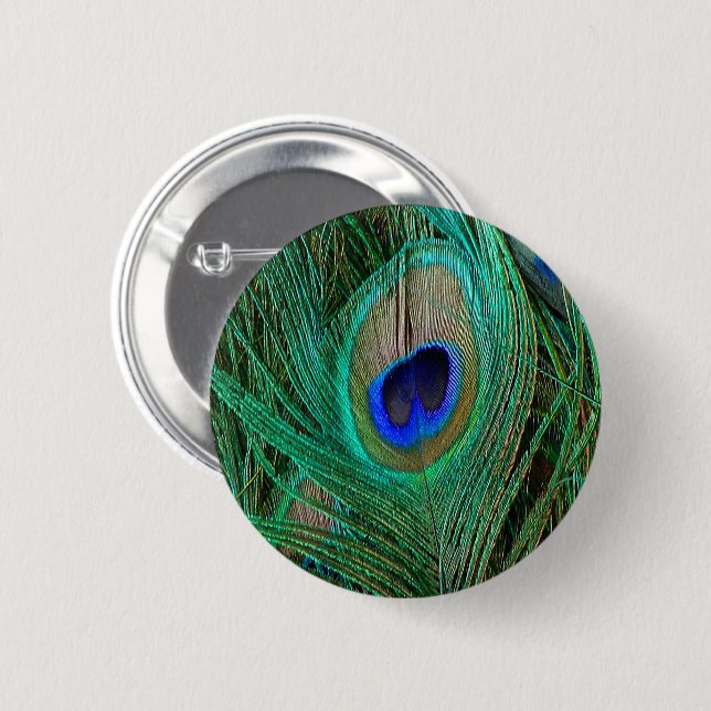 Badge Rond 5 Cm Plumes de paon bleu indien (Devant & derrière)