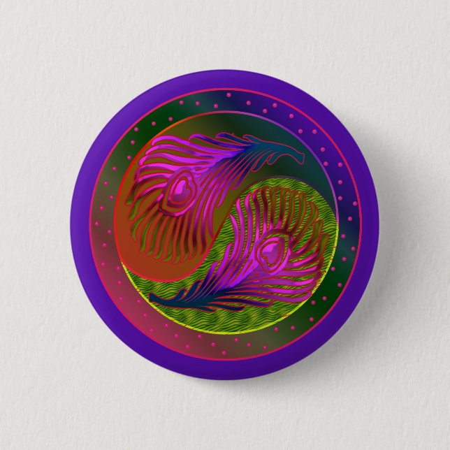 Badge Rond 5 Cm Plumes de paon Yin Yang 2 (Devant)