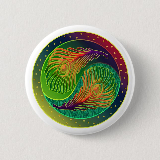 Badge Rond 5 Cm Plumes de paon Yin Yang 3 (Devant)