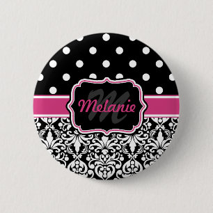 Badge Rond 5 Cm Point de Polka noir rose chaud