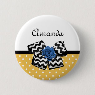 Badge Rond 5 Cm Points Jaunes Bleus Rose Chevron Bow avec nom