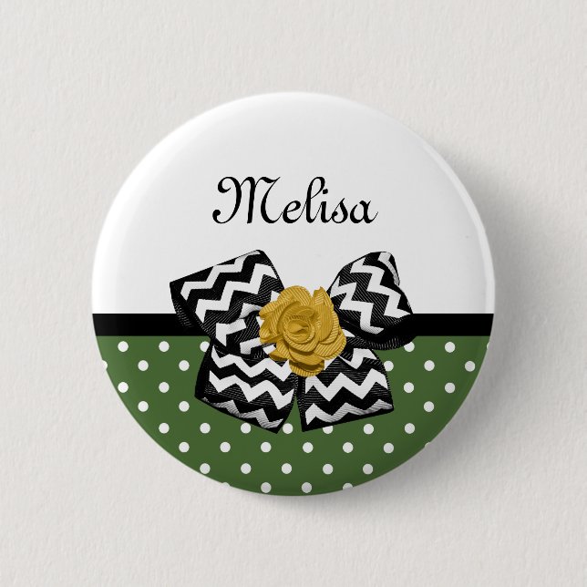 Badge Rond 5 Cm Points verts mignons Rose jaune Chevron Bow et nom (Devant)