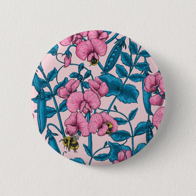 Badge Rond 5 Cm Pois doux et bourdons, rose et bleu (Devant)