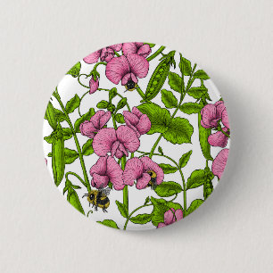 Badge Rond 5 Cm Pois doux et bourdons, rose, vert et blanc