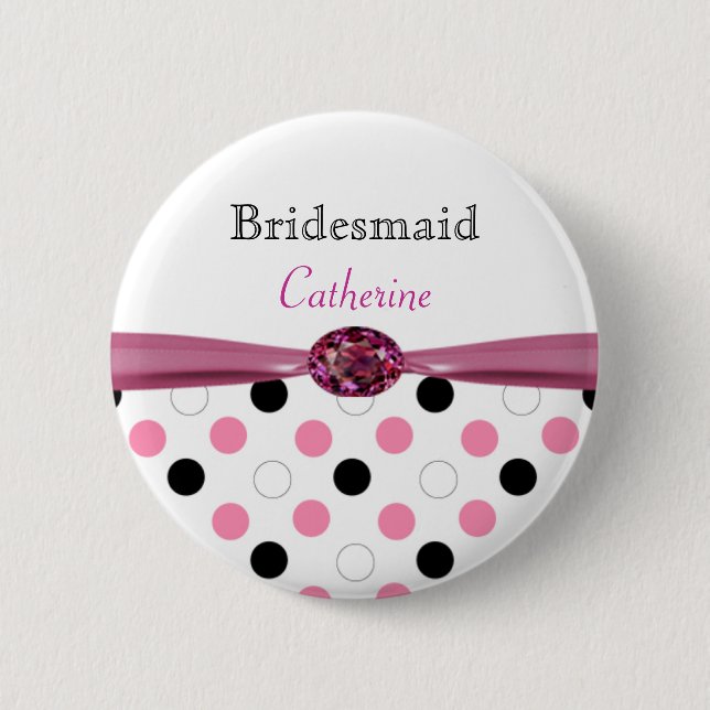 Badge Rond 5 Cm Pois noir, rose, blanc épousant la demoiselle (Devant)