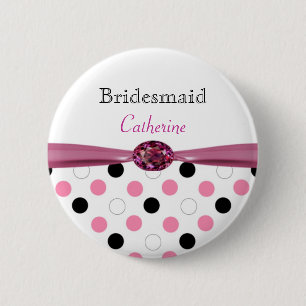 Badge Rond 5 Cm Pois noir, rose, blanc épousant la demoiselle
