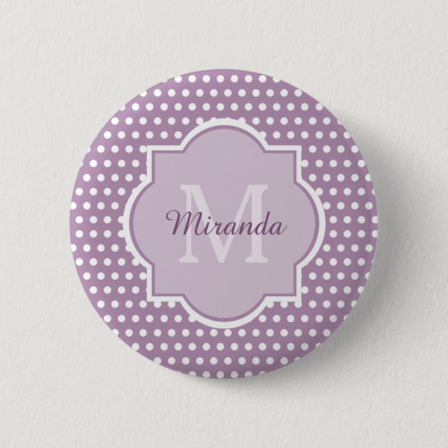Badge Rond 5 Cm Pois pourpre monogramme et nom de lavande Girly (Devant)